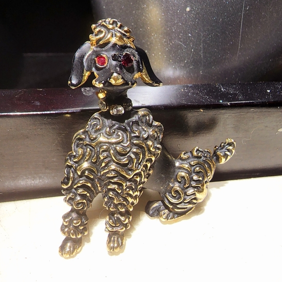 1950s Vintage Black, Gold & Rhinestone Poodle Brooch Pin-Up Rockabilly Pin - Picture 2 of 4